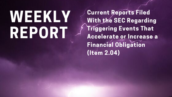 Current Reports (Form 8-K) Filed With the Securities & Exchange Commission (SEC) Regarding Triggering Events That Accelerate or Increase a Direct Financial Obligation (Item 2.04) for the Week Ended Wednesday Oct 2, 2019